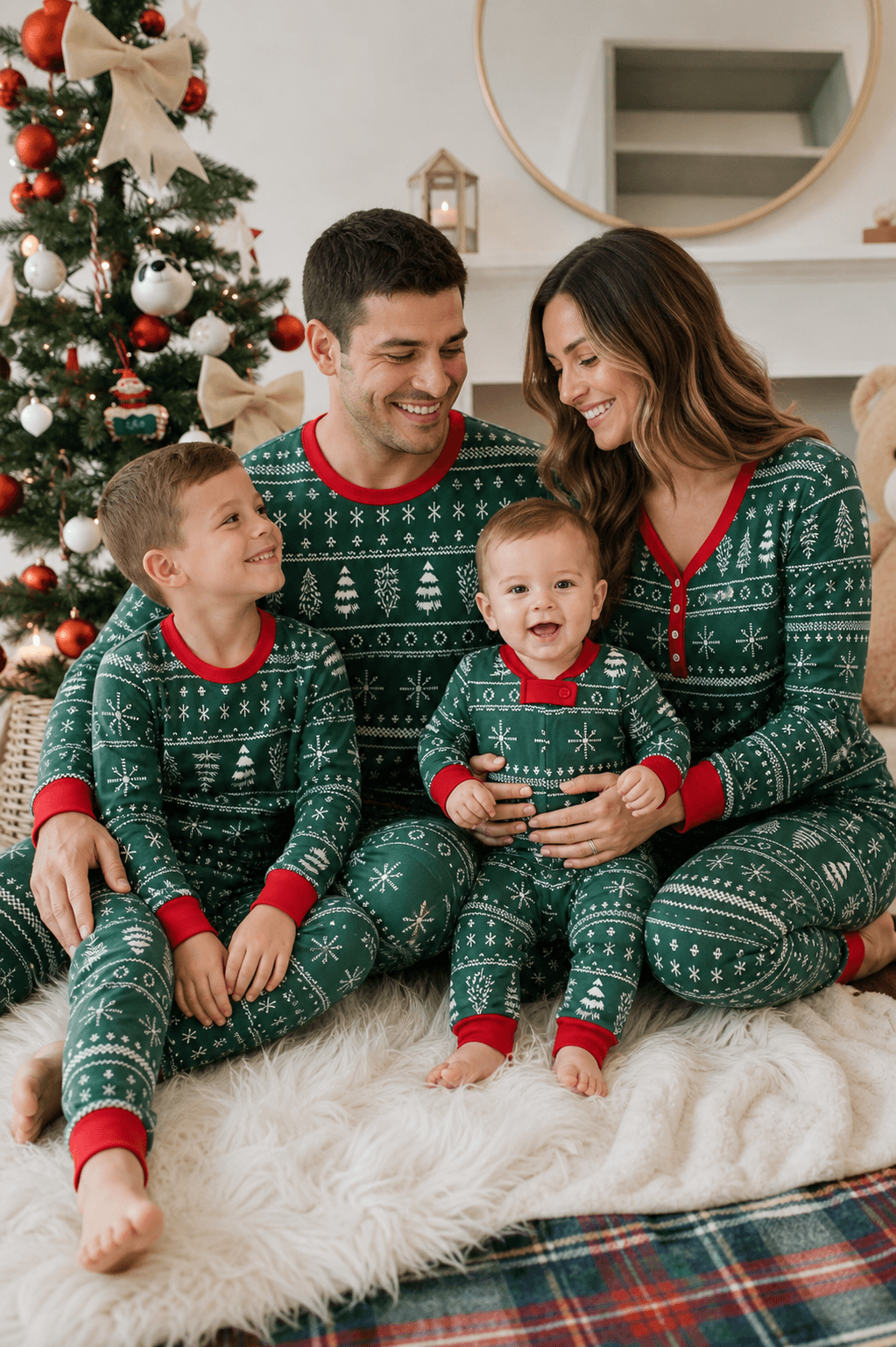 Family in matching green Fair Isle Christmas tree print pyjamas with red cuffs - view 2