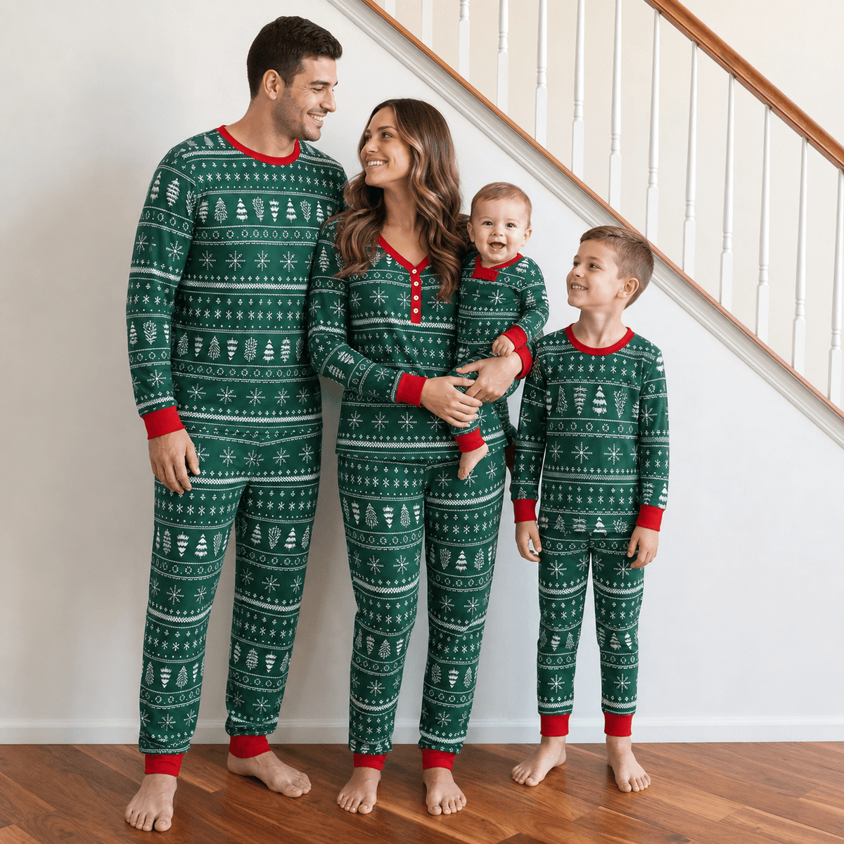 Family in matching green Fair Isle Christmas tree print pyjamas with red cuffs - view 4