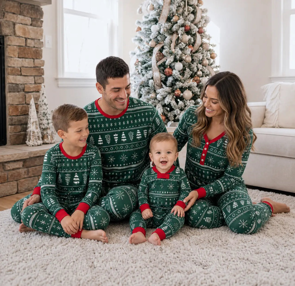 Family in matching green Fair Isle Christmas tree print pyjamas with red cuffs - view 5