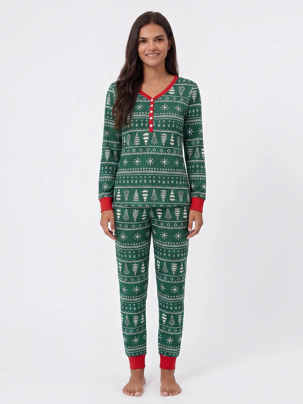 Family in matching green Fair Isle Christmas tree print pyjamas with red cuffs - view 8