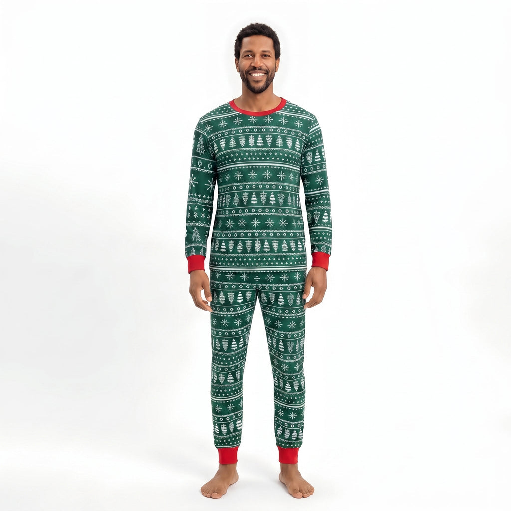Family in matching green Fair Isle Christmas tree print pyjamas with red cuffs - view 9