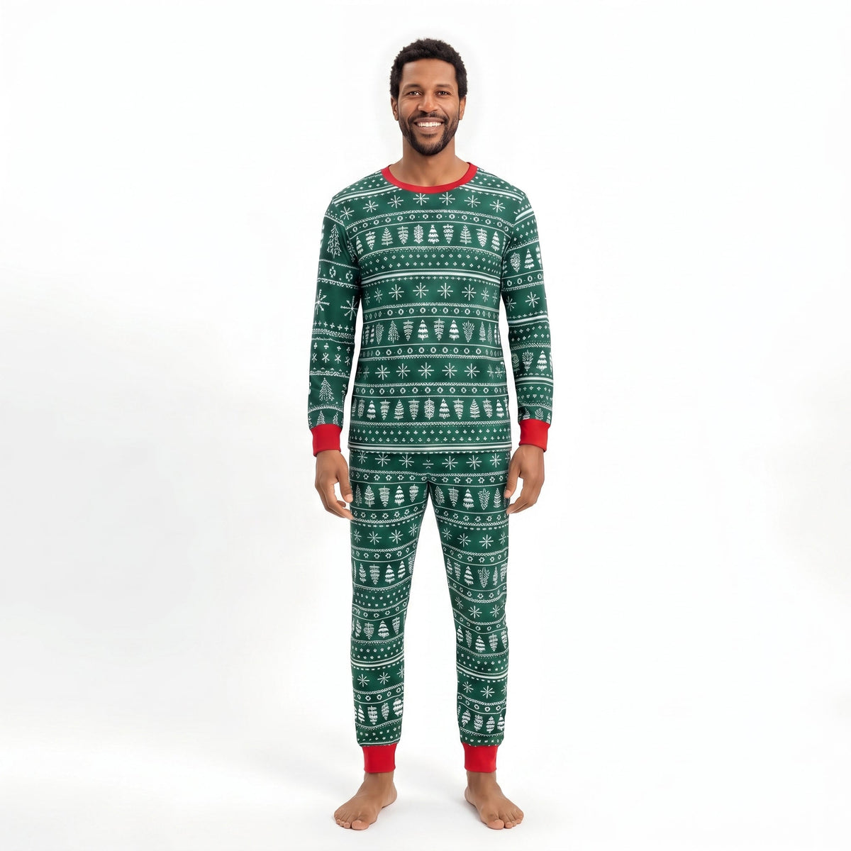 Family in matching green Fair Isle Christmas tree print pyjamas with red cuffs - view 9