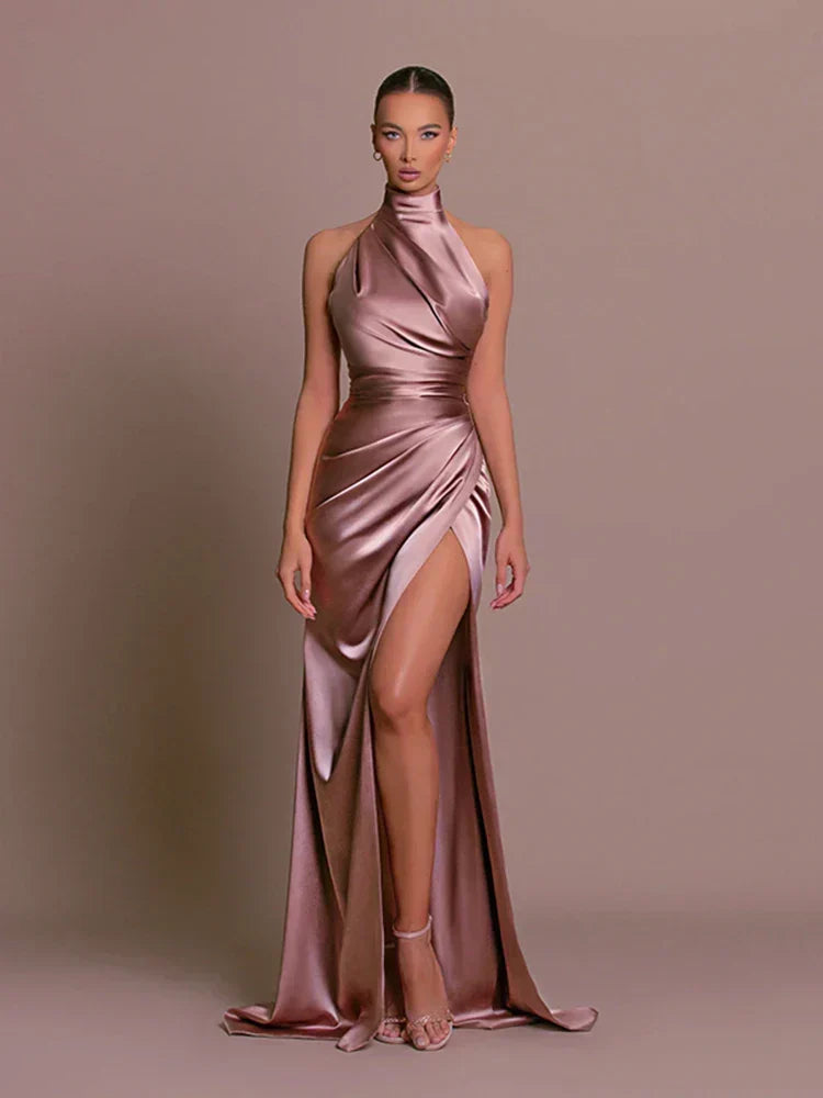 Satin halter neck maxi evening dress with ruched waist and high thigh slit