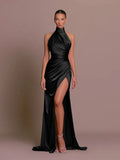 Satin halter neck maxi evening dress with ruched waist and high thigh slit - view 6