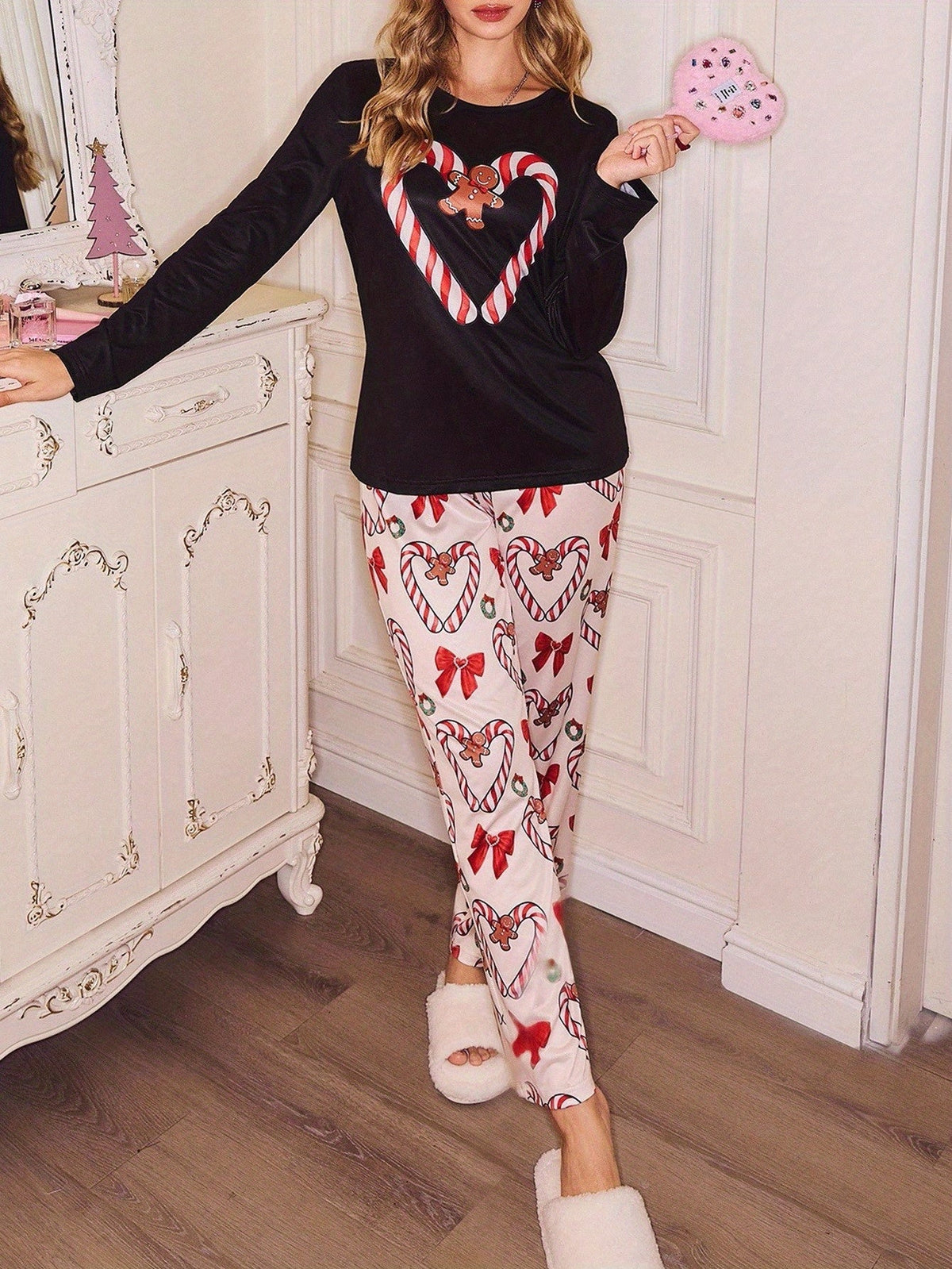Women's Christmas pajama set with black long sleeve candy cane heart gingerbread top and printed pants - view 3