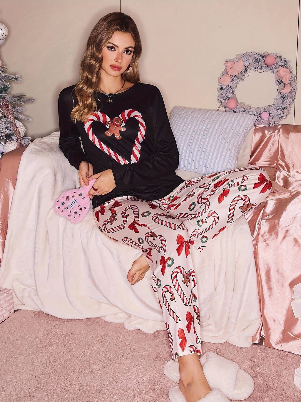 Women's Christmas pajama set with black long sleeve candy cane heart gingerbread top and printed pants - view 5