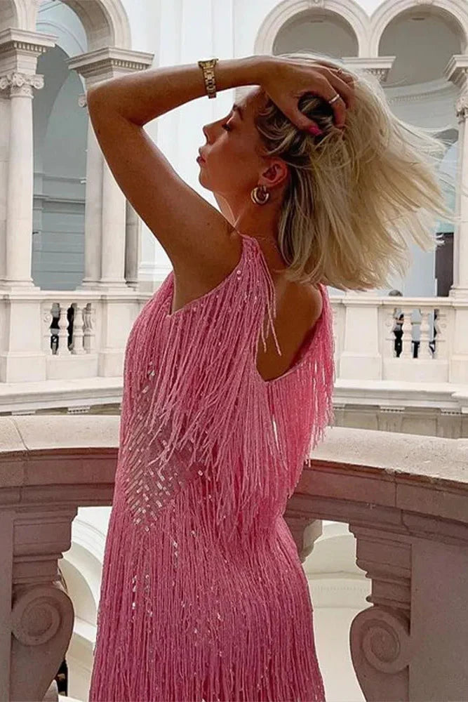 Sequin fringe mini dress with V-neck and sleeveless straps - view 3