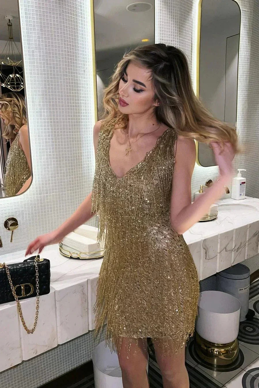 Sequin fringe mini dress with V-neck and sleeveless straps - view 5