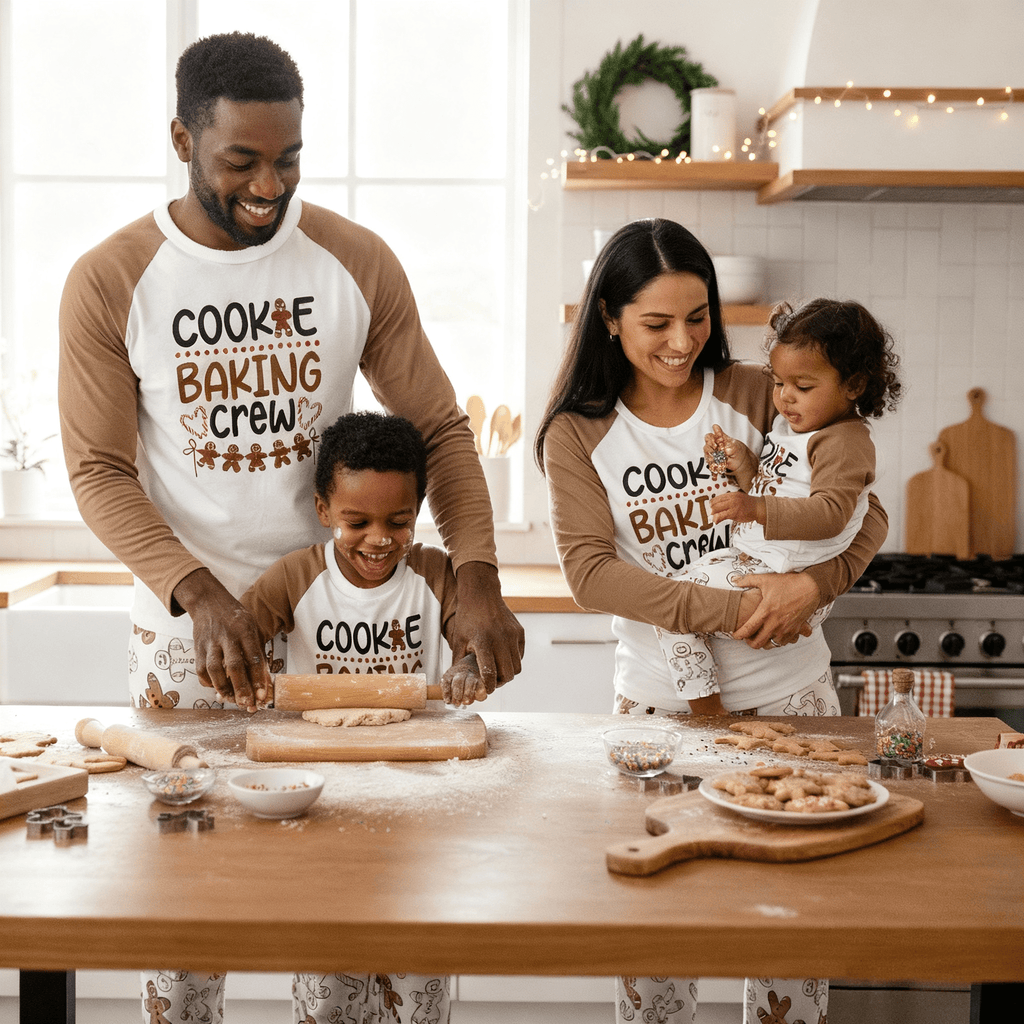 Matching family Christmas pyjamas with Cookie Baking Crew slogan top and gingerbread print trousers