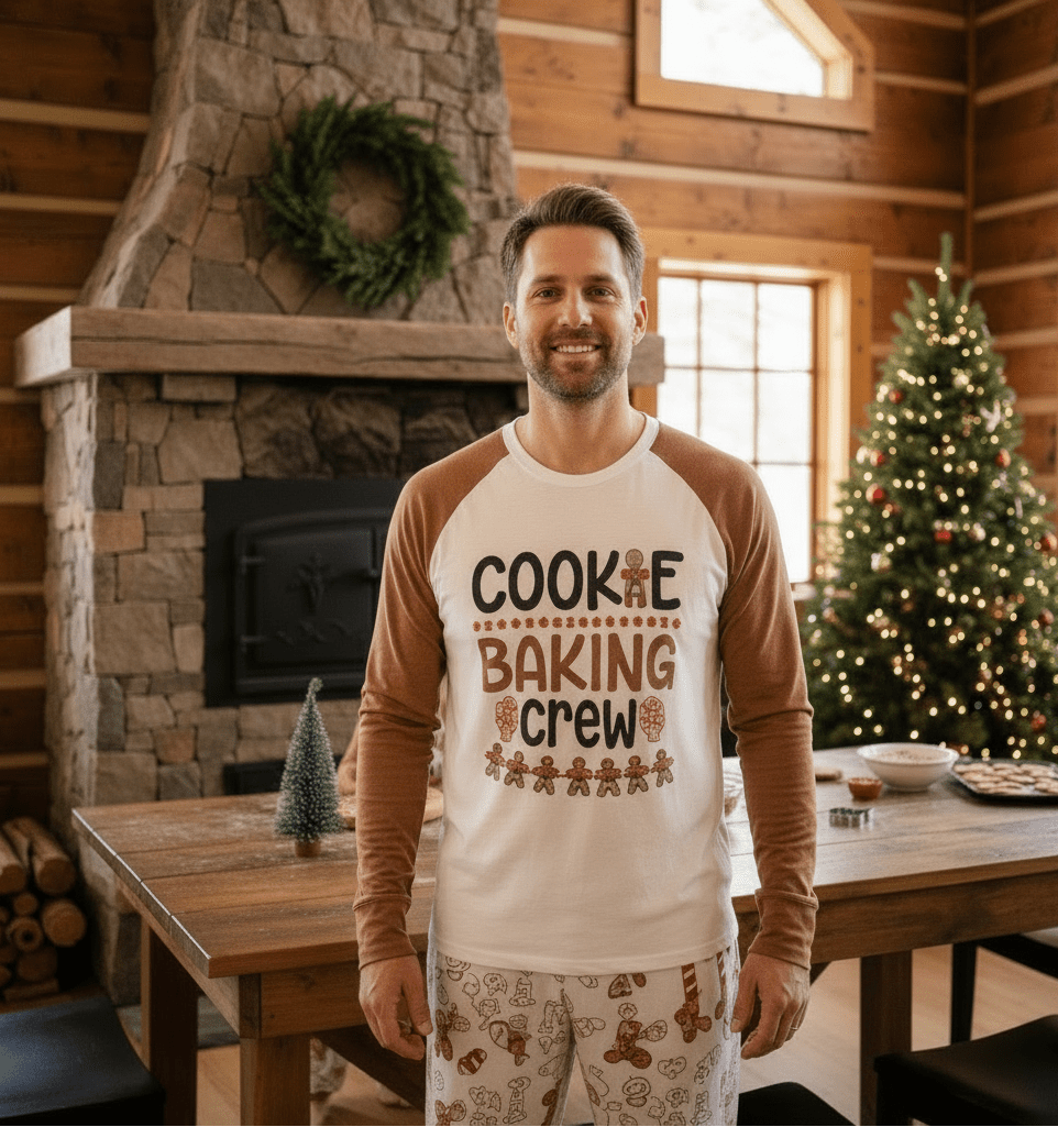 Matching family Christmas pyjamas with Cookie Baking Crew slogan top and gingerbread print trousers - view 10