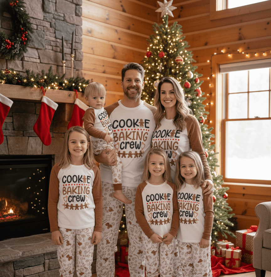 Matching family Christmas pyjamas with Cookie Baking Crew slogan top and gingerbread print trousers - view 11