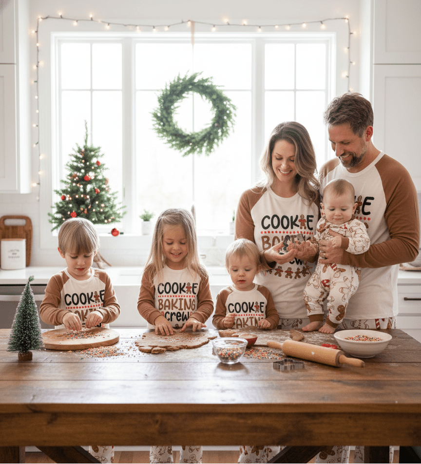 Matching family Christmas pyjamas with Cookie Baking Crew slogan top and gingerbread print trousers - view 2