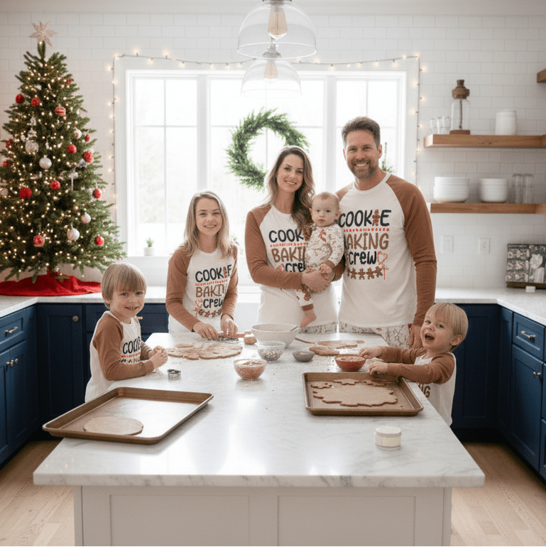 Matching family Christmas pyjamas with Cookie Baking Crew slogan top and gingerbread print trousers - view 3