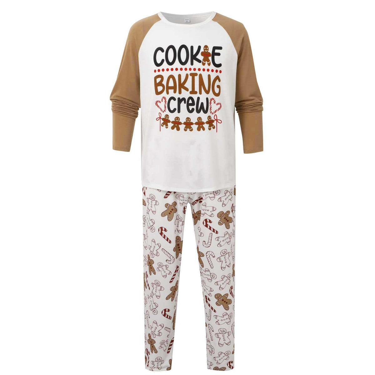 Matching family Christmas pyjamas with Cookie Baking Crew slogan top and gingerbread print trousers - view 4