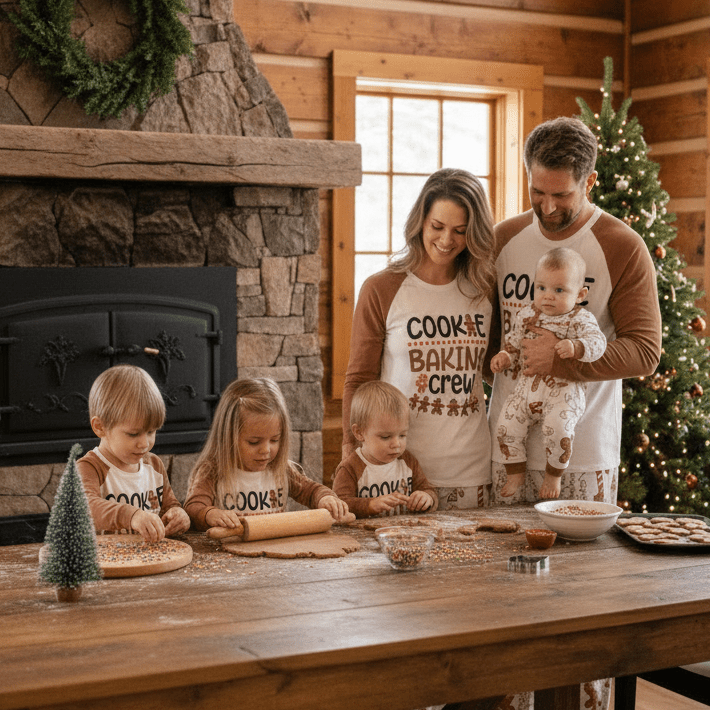 Matching family Christmas pyjamas with Cookie Baking Crew slogan top and gingerbread print trousers - view 8