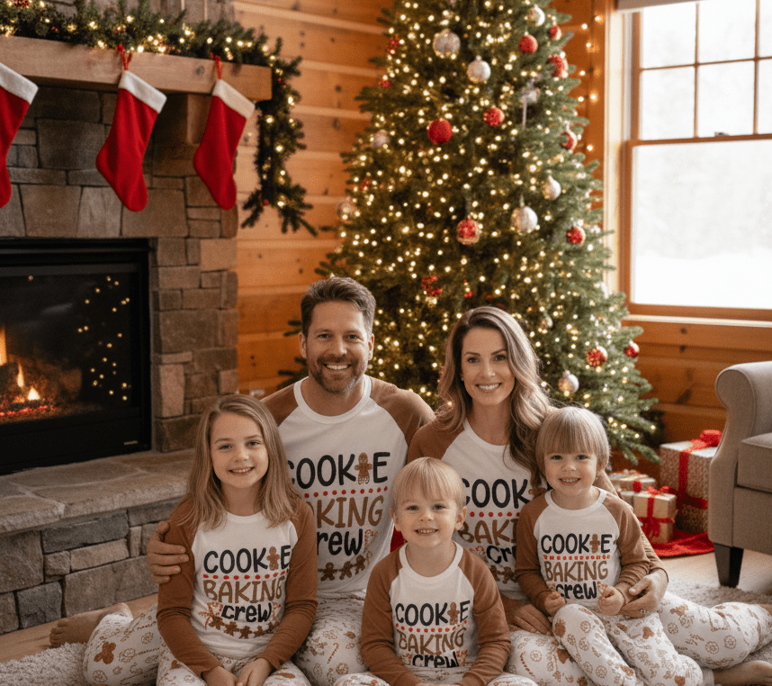 Matching family Christmas pyjamas with Cookie Baking Crew slogan top and gingerbread print trousers - view 9