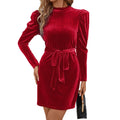 Red puff sleeve velvet mini dress with mock neck and self-tie belt
