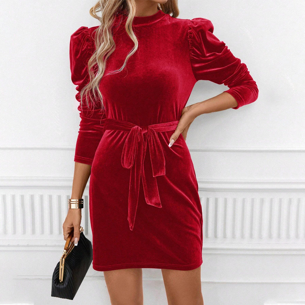 Red puff sleeve velvet mini dress with mock neck and self-tie belt - view 2