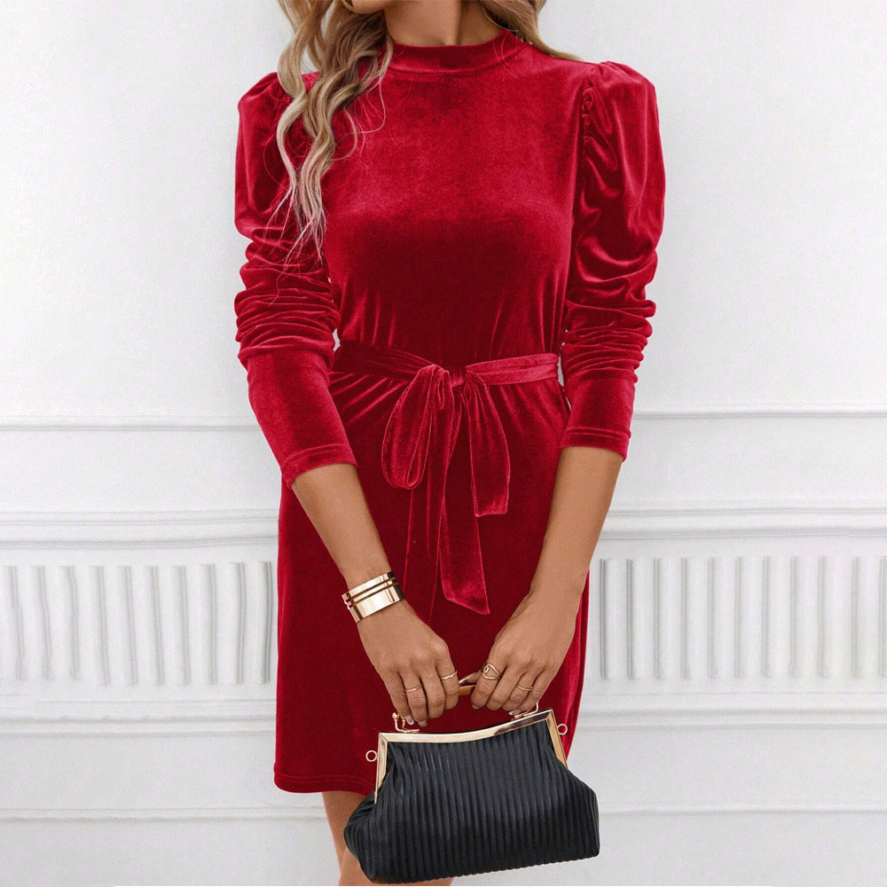 Red puff sleeve velvet mini dress with mock neck and self-tie belt - view 4