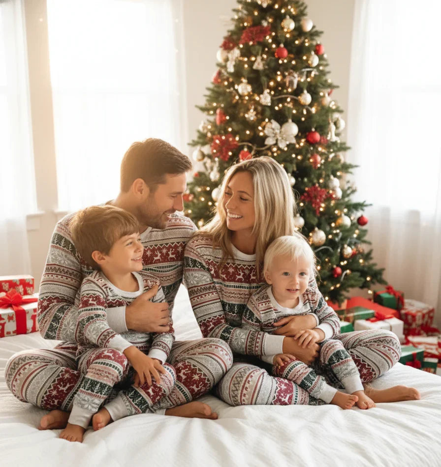 Family wearing matching Fair Isle reindeer print Christmas pyjamas