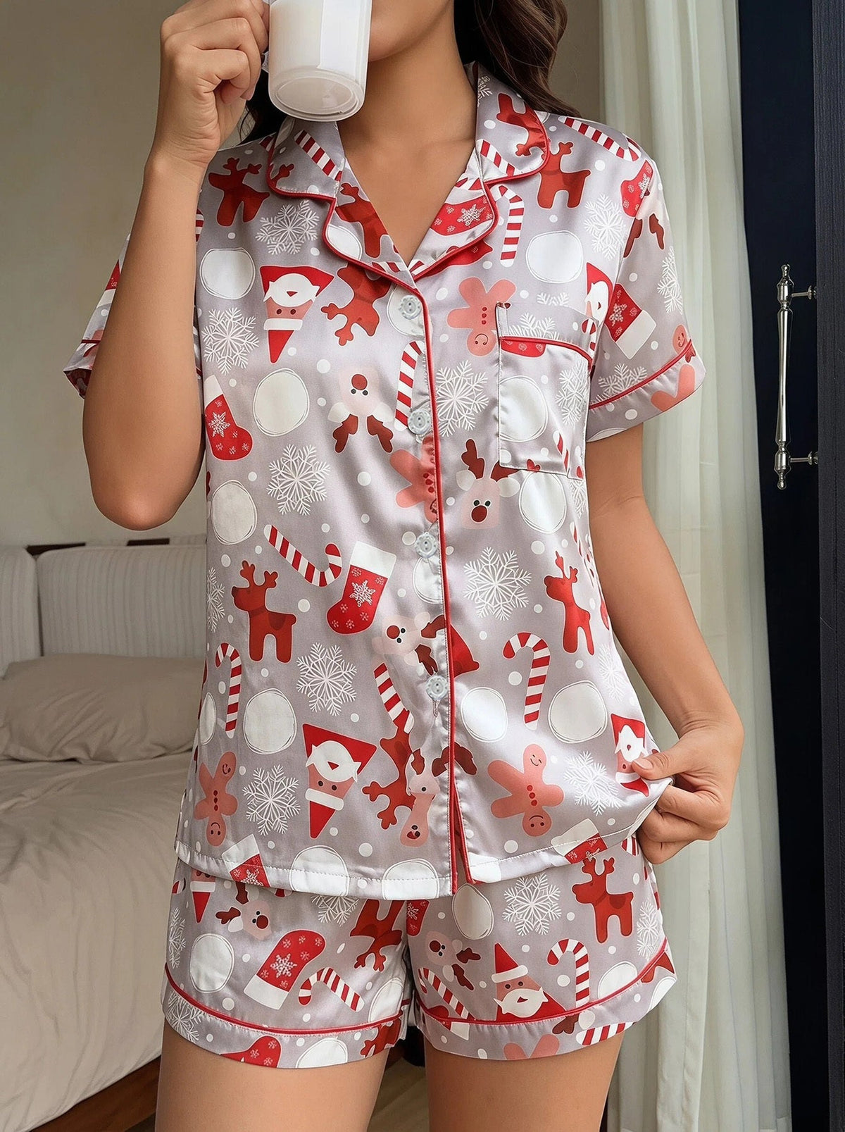 Gray satin Christmas pajama set with candy cane and reindeer print, short sleeve notched collar top and shorts with red piping - view 5