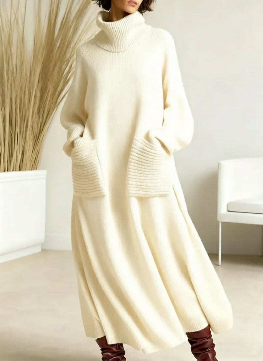 Oversized roll neck maxi jumper dress with ribbed patch pockets