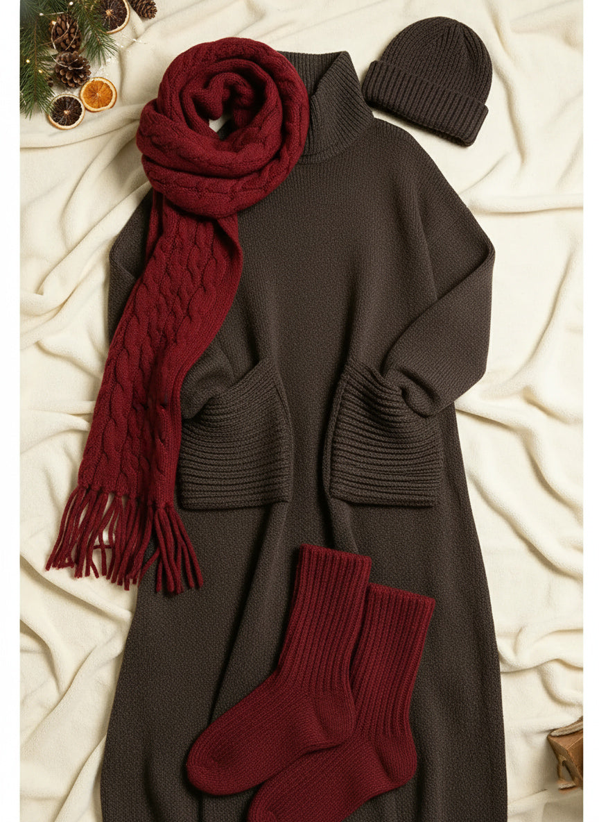 Oversized roll neck maxi jumper dress with ribbed patch pockets - view 3