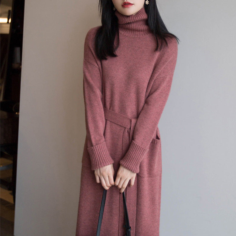 Oversized roll neck maxi jumper dress with ribbed patch pockets - view 9