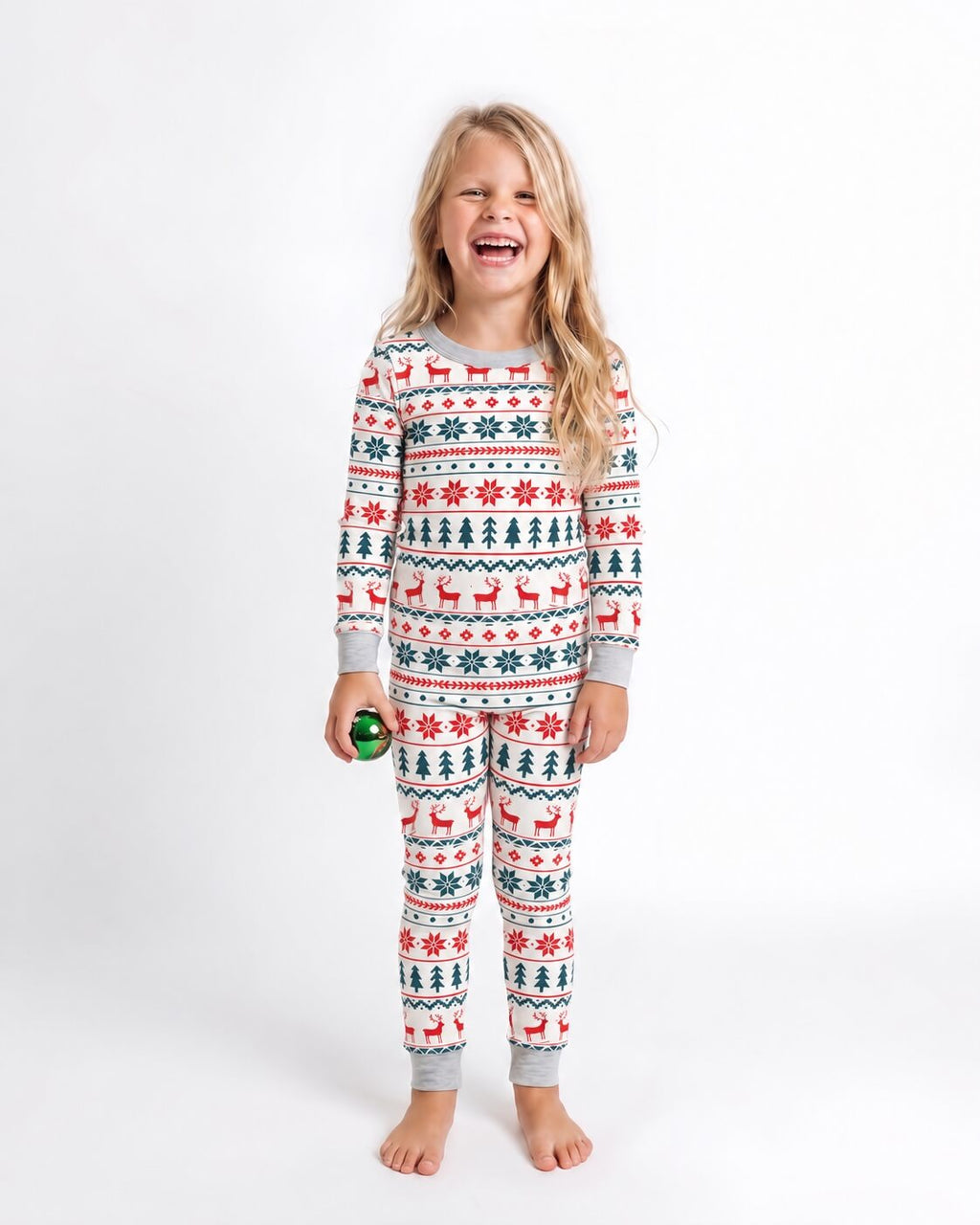 Matching family Christmas pyjamas with red and green reindeer Fair Isle print and grey cuffs - view 10