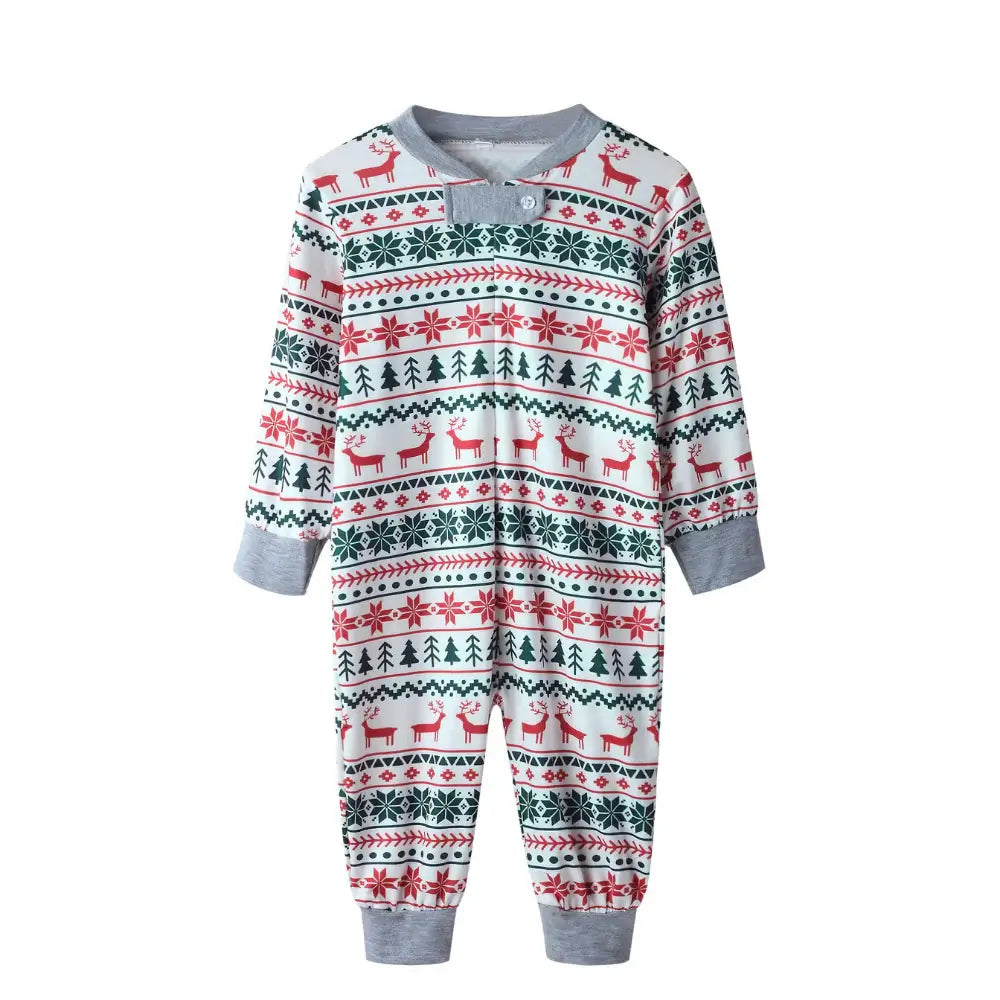 Matching family Christmas pyjamas with red and green reindeer Fair Isle print and grey cuffs - view 13