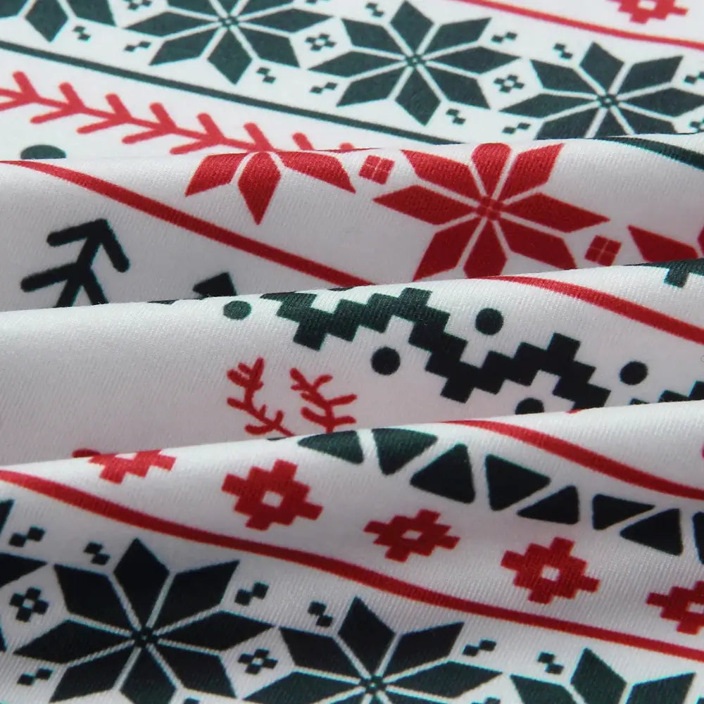 Matching family Christmas pyjamas with red and green reindeer Fair Isle print and grey cuffs - view 15