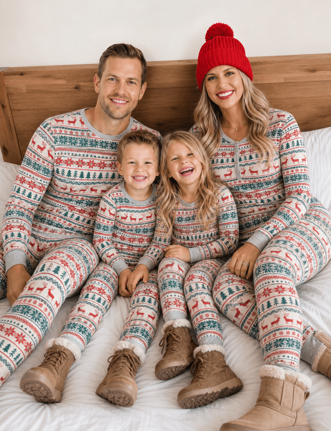Matching family Christmas pyjamas with red and green reindeer Fair Isle print and grey cuffs - view 2