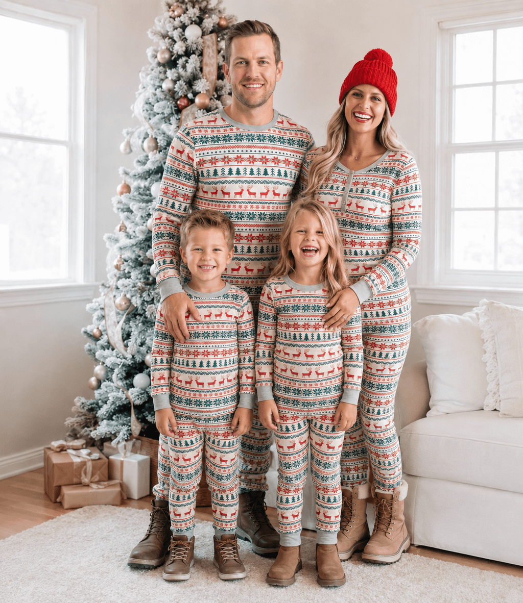 Matching family Christmas pyjamas with red and green reindeer Fair Isle print and grey cuffs - view 3