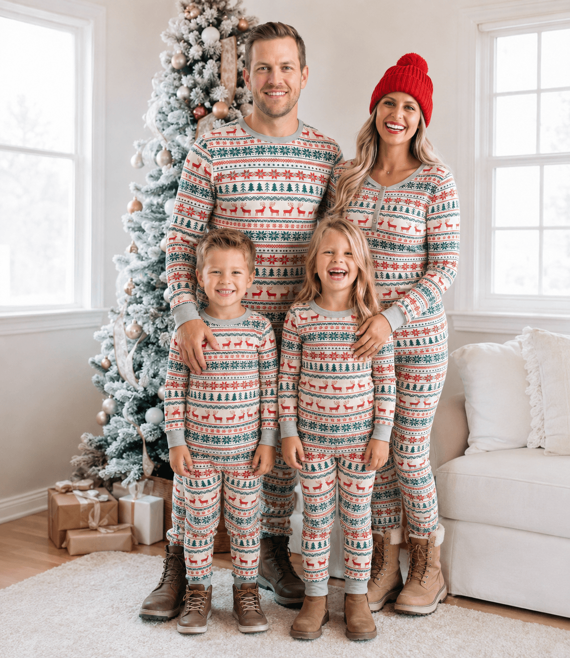 Matching family Christmas pyjamas with red and green reindeer Fair Isle print and grey cuffs - view 3