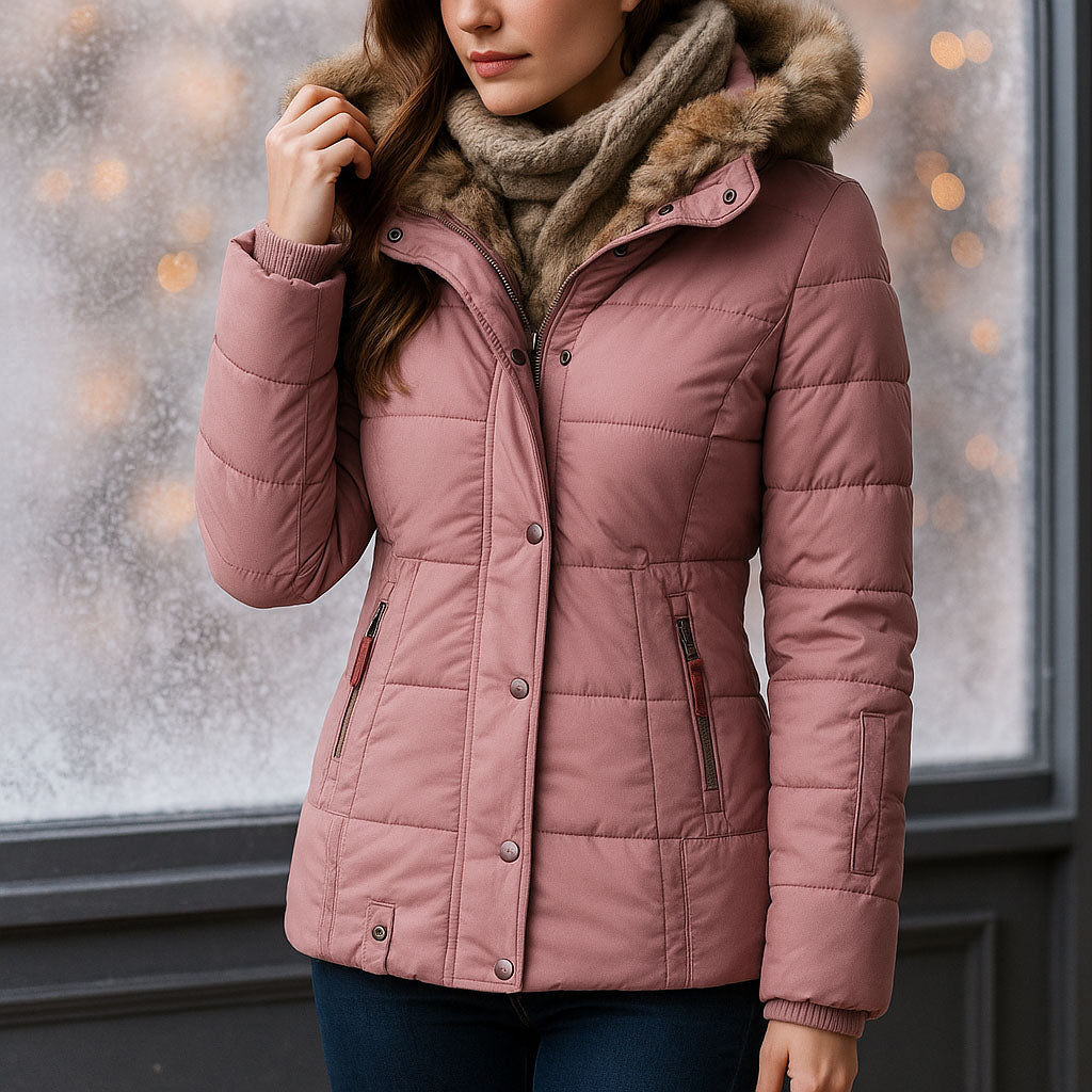 Hazel - Women's Quilted Puffer Jacket with Faux-Fur Hood