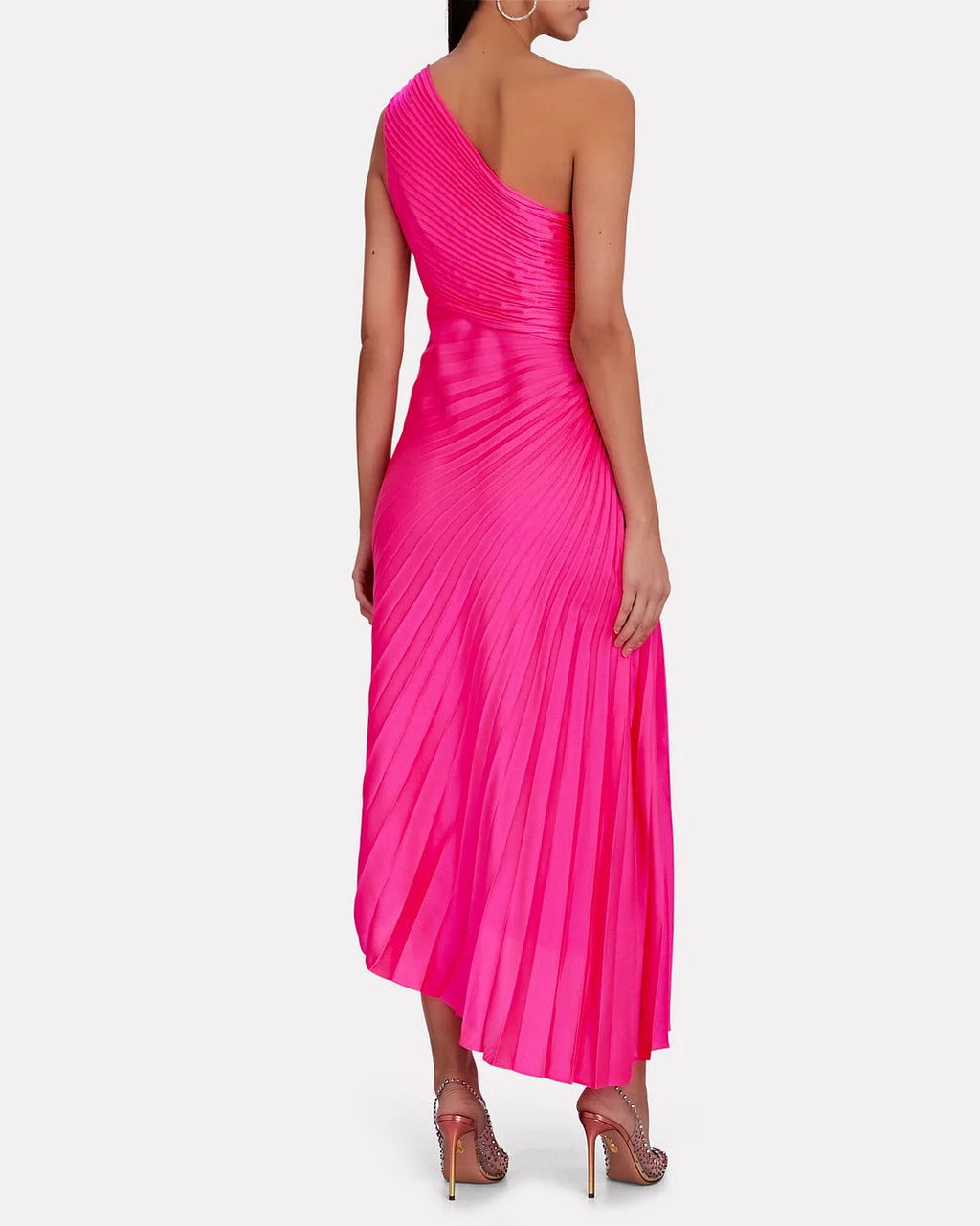 One-shoulder pleated satin maxi dress with waist cut-out and asymmetric hem - view 15