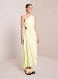 One-shoulder pleated satin maxi dress with waist cut-out and asymmetric hem - view 16