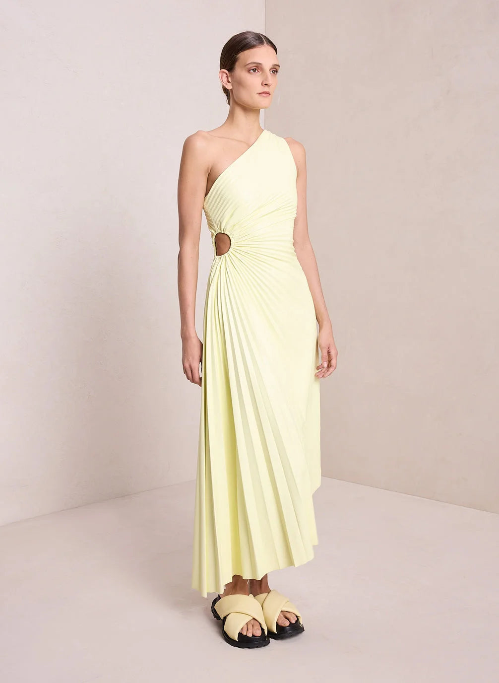 One-shoulder pleated satin maxi dress with waist cut-out and asymmetric hem - view 16
