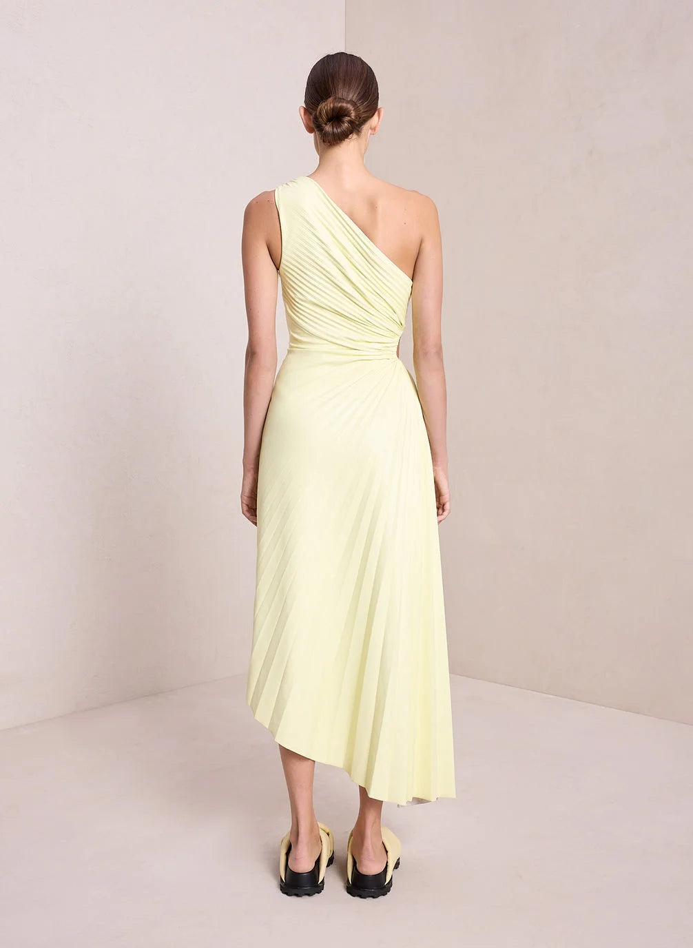 One-shoulder pleated satin maxi dress with waist cut-out and asymmetric hem - view 17