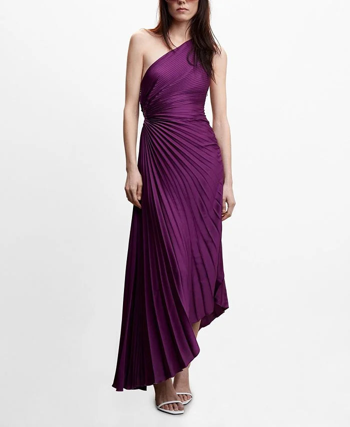 One-shoulder pleated satin maxi dress with waist cut-out and asymmetric hem - view 18