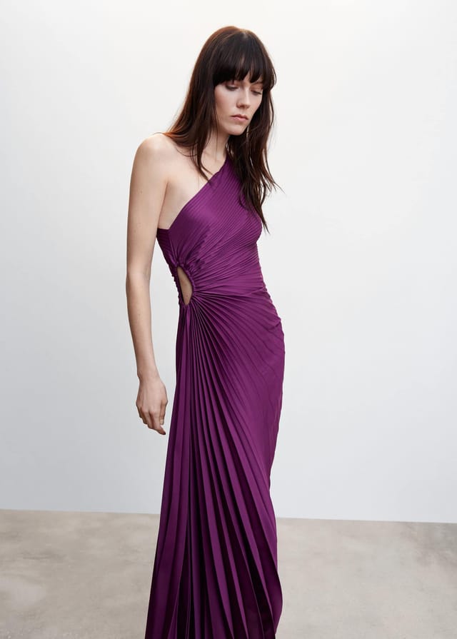 One-shoulder pleated satin maxi dress with waist cut-out and asymmetric hem - view 19