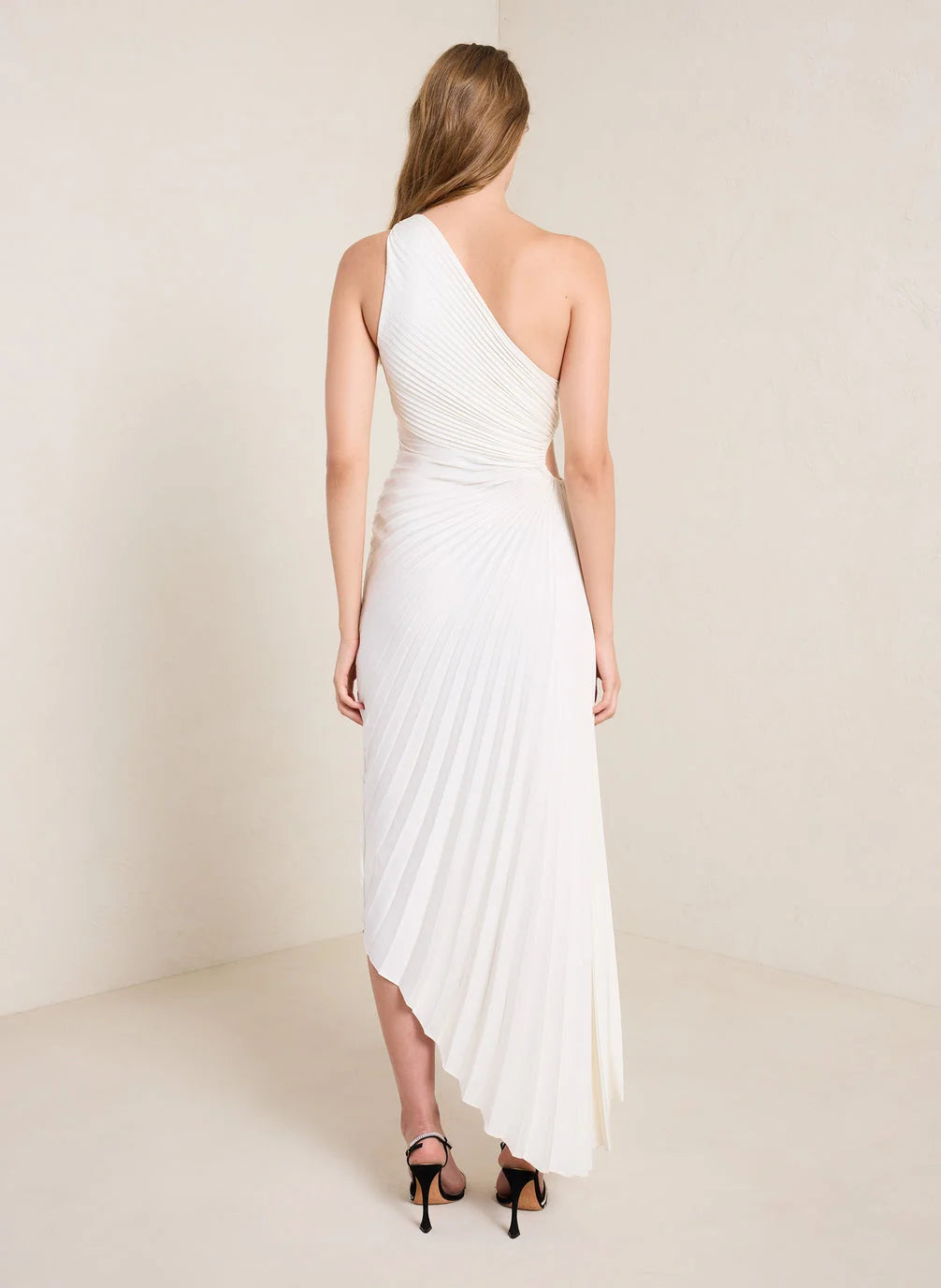 One-shoulder pleated satin maxi dress with waist cut-out and asymmetric hem - view 2
