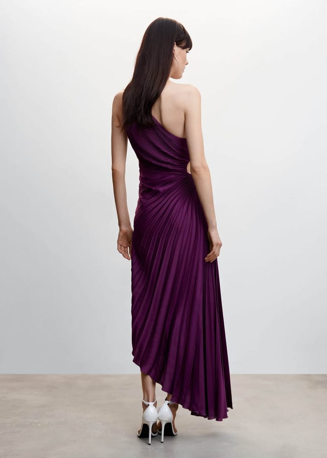 One-shoulder pleated satin maxi dress with waist cut-out and asymmetric hem - view 21