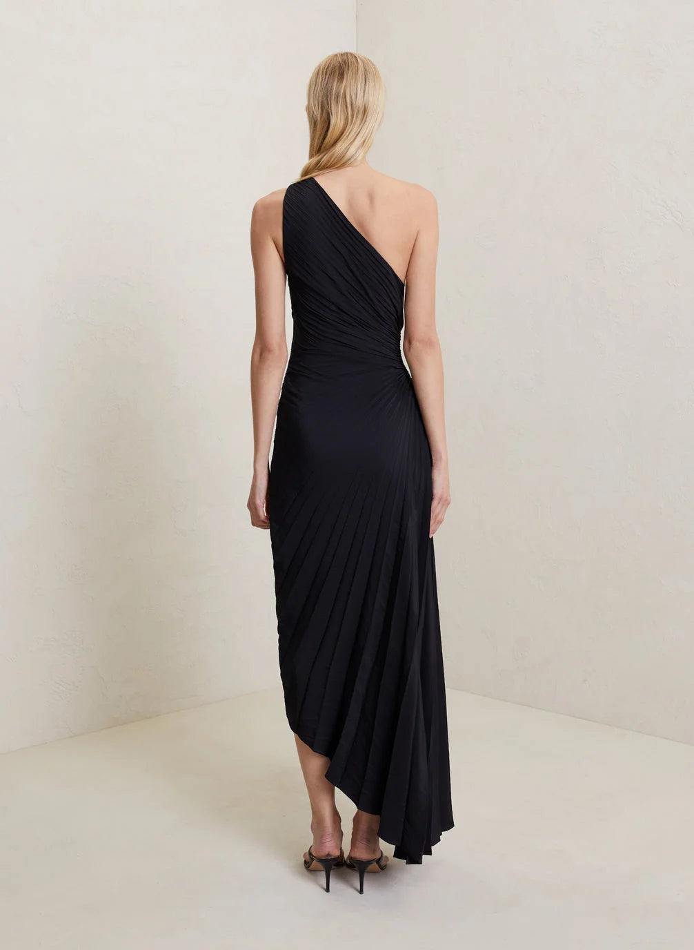 One-shoulder pleated satin maxi dress with waist cut-out and asymmetric hem - view 25