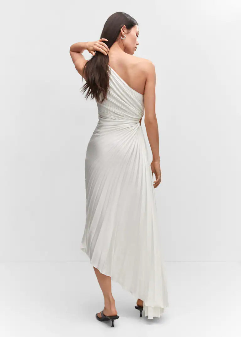 One-shoulder pleated satin maxi dress with waist cut-out and asymmetric hem - view 4