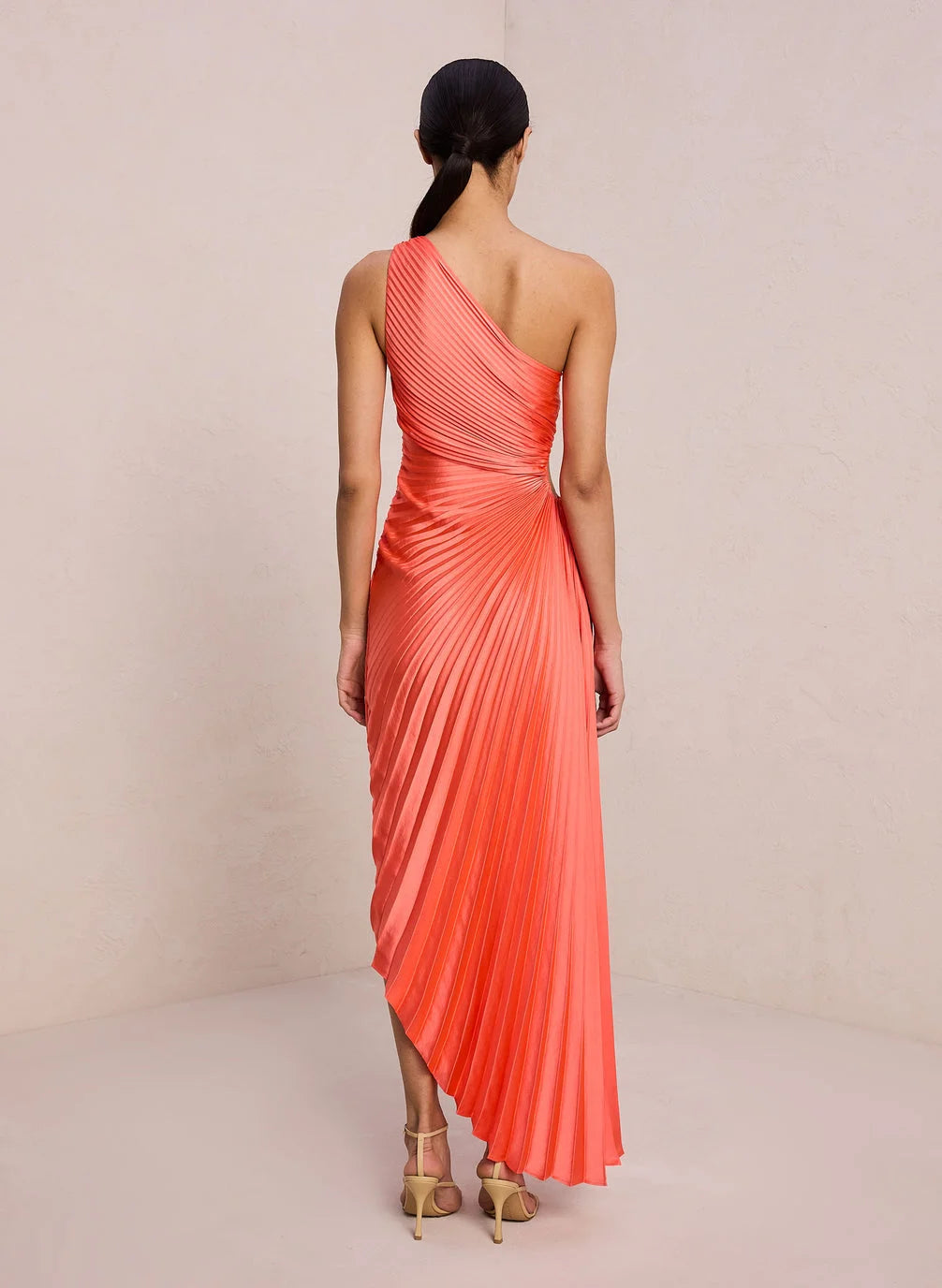 One-shoulder pleated satin maxi dress with waist cut-out and asymmetric hem - view 7