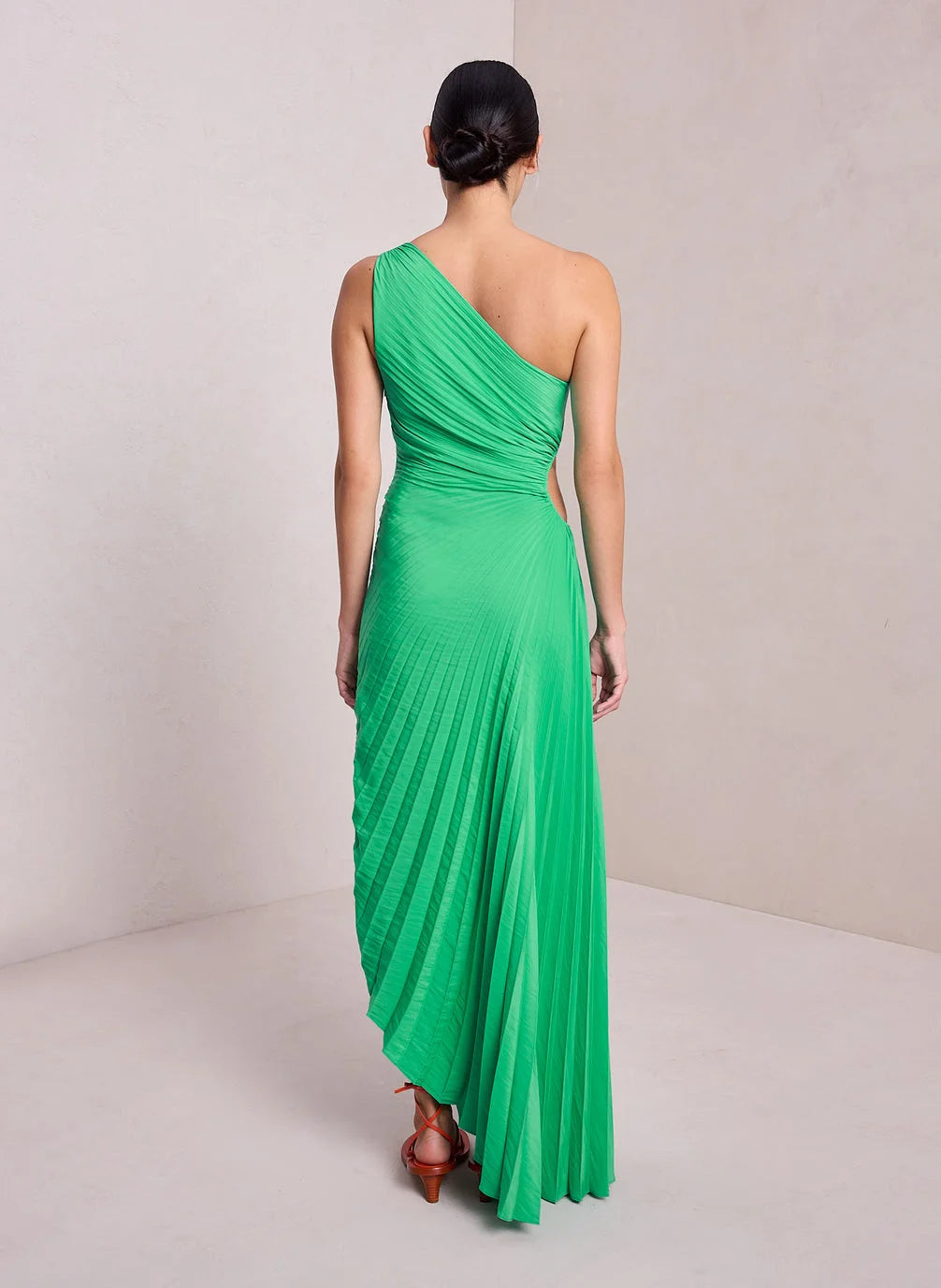 One-shoulder pleated satin maxi dress with waist cut-out and asymmetric hem - view 9