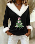 Women's Christmas jumper with faux fur trim V-neckline, faux fur cuffs and sparkly Christmas tree print