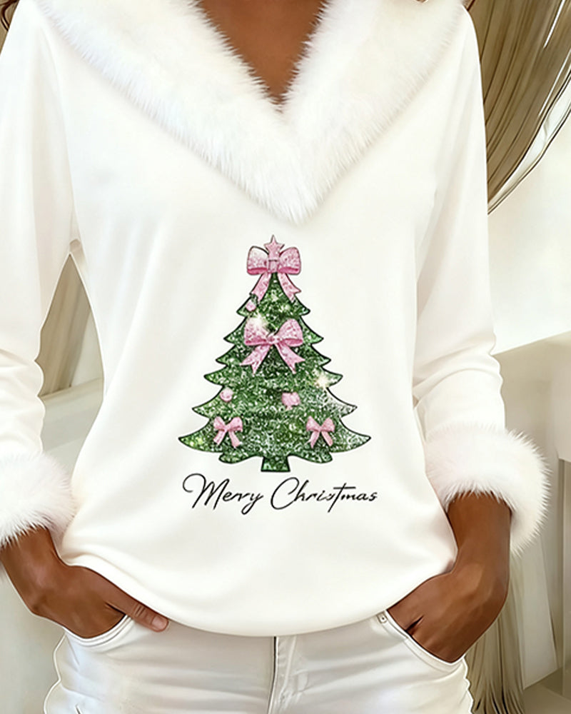 Women's Christmas jumper with faux fur trim V-neckline, faux fur cuffs and sparkly Christmas tree print - view 4