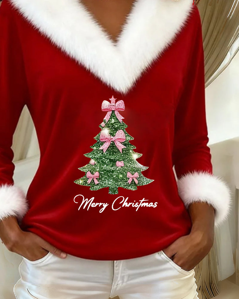 Women's Christmas jumper with faux fur trim V-neckline, faux fur cuffs and sparkly Christmas tree print - view 6